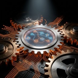 AI automatizációs agent fogaskerekekkel és áramkörökkel