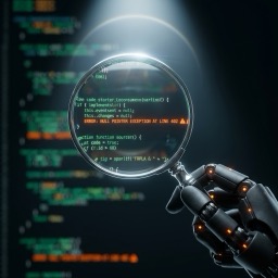 AI tesztelő agent nagyítóval és kód sorokkal