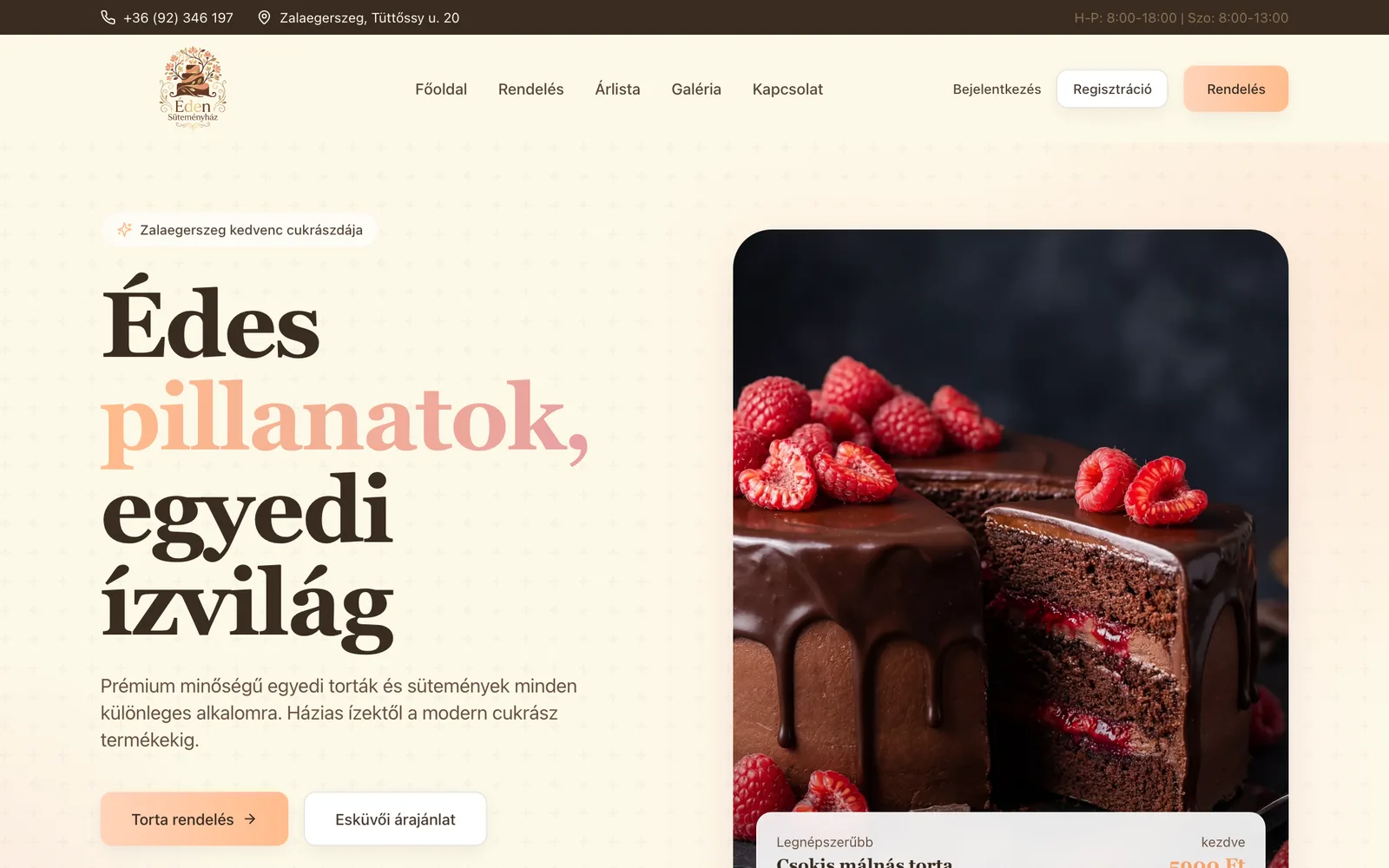 Az Éden Süteményház weboldalának nyitóképe