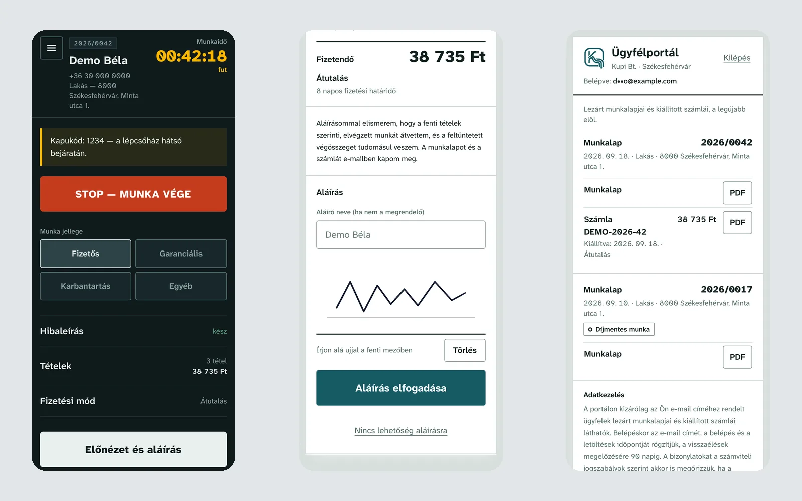 A Kupi Bt. munkalap-appjának három telefonképernyője