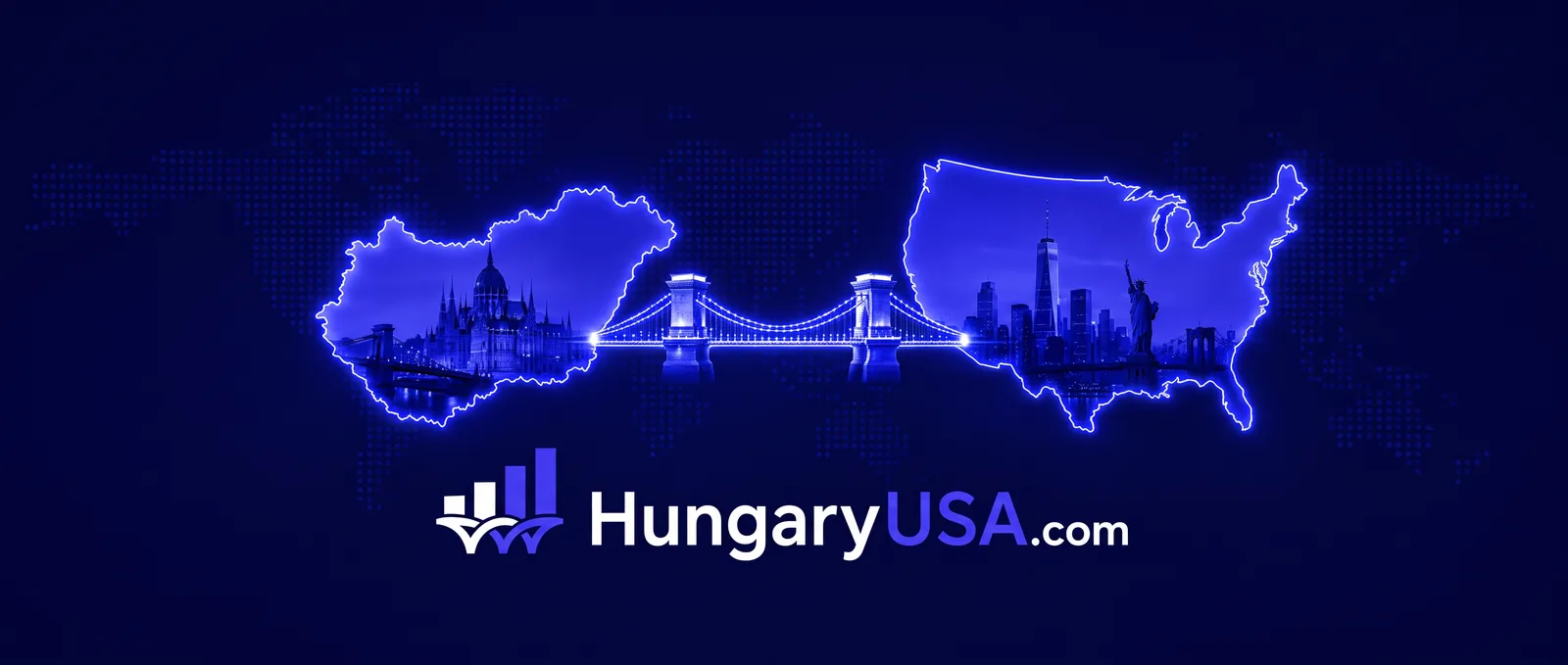 A HungaryUSA.com grafikája: Magyarország és az Egyesült Államok neonkék térképe, köztük a Lánchíddal.