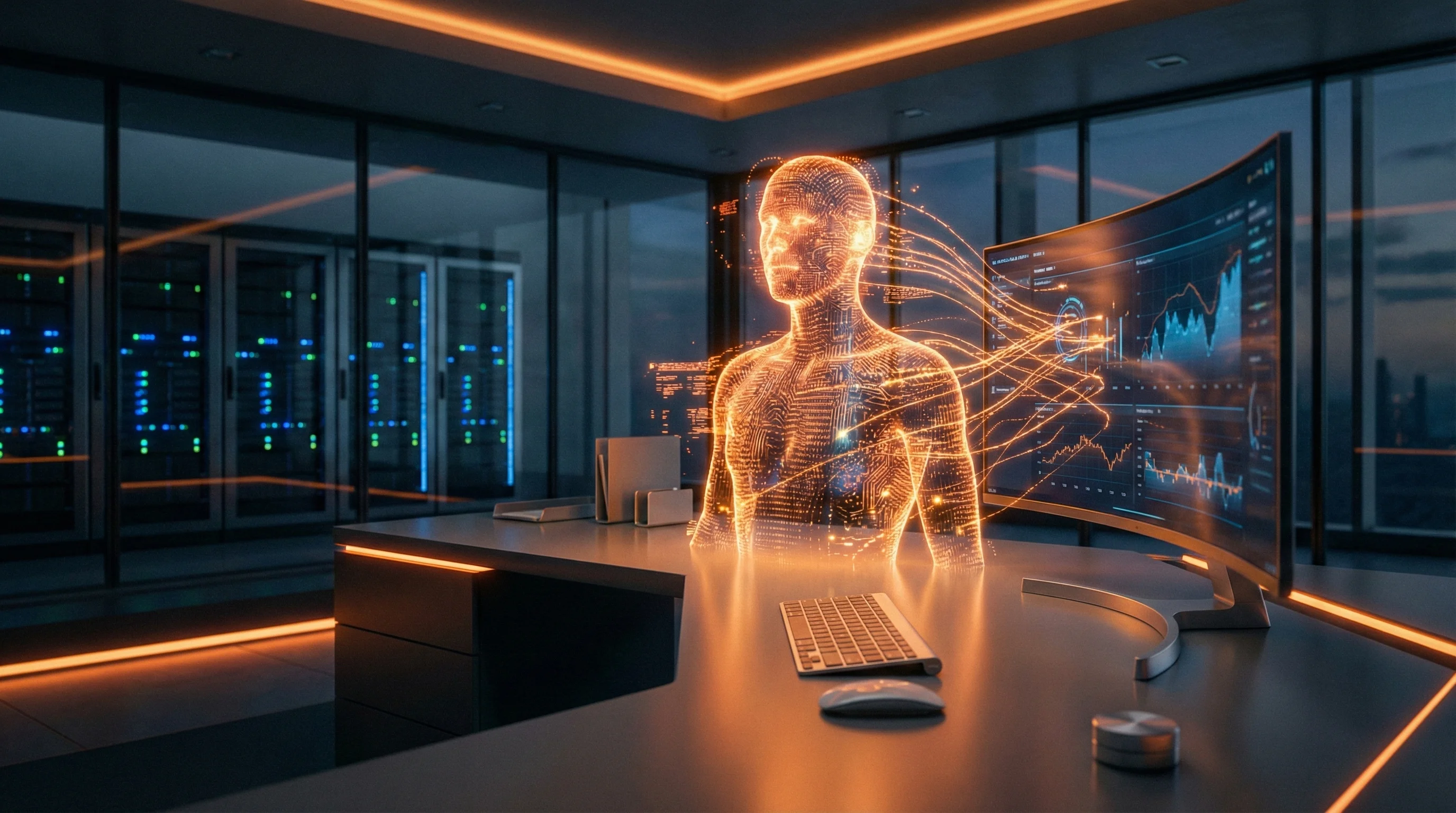 Futurisztikus AI asszisztens hologram narancs neurális hálózattal sötét irodai környezetben
