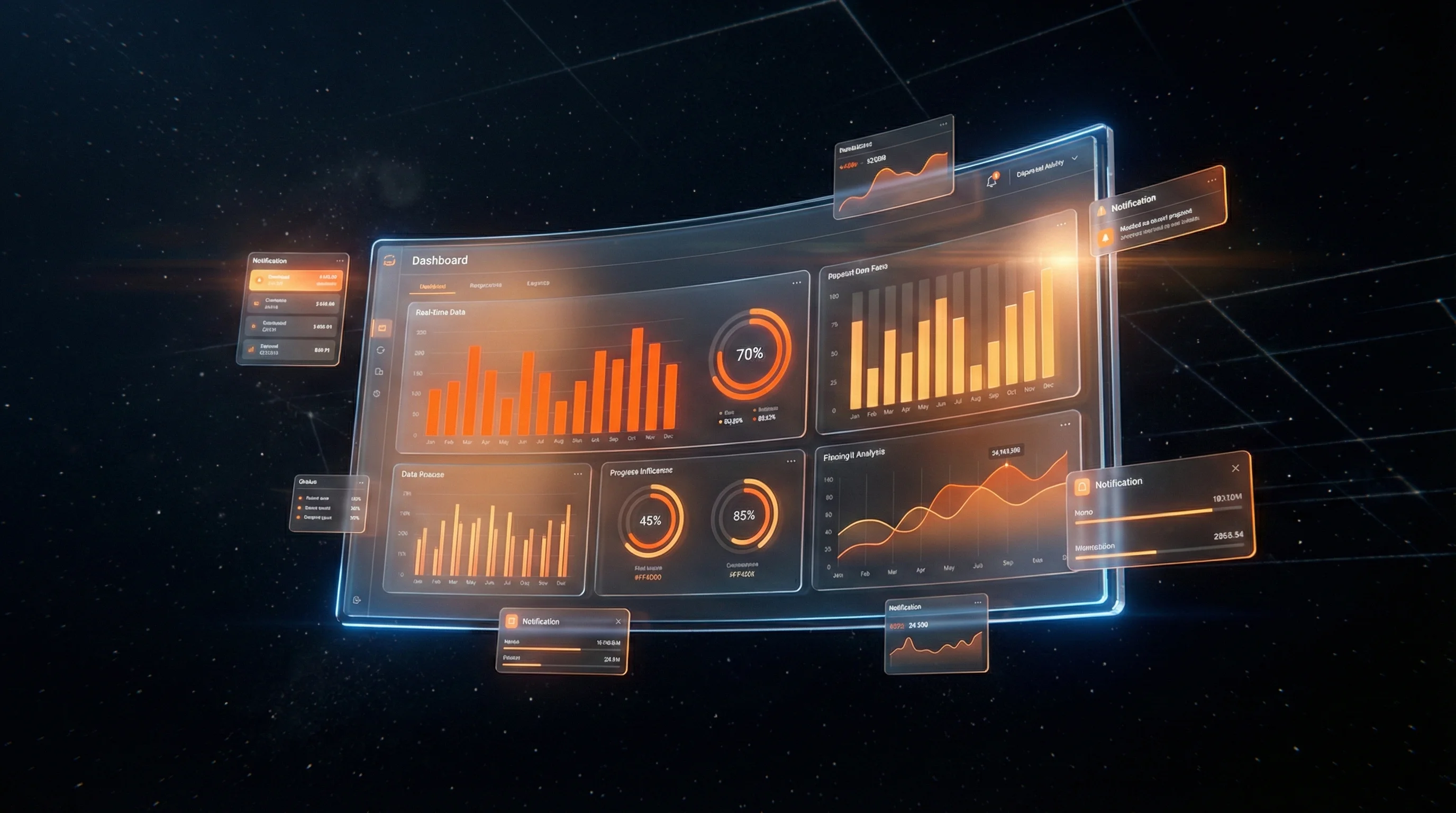 Modern AI dashboard holografikus UI elemekkel és narancs kiemelésekkel